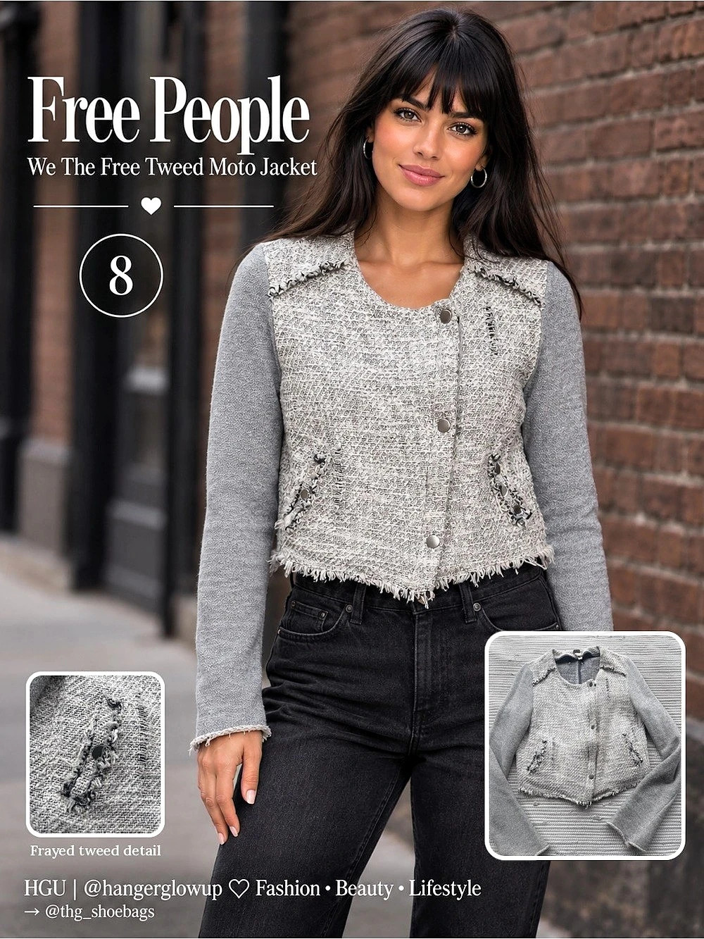 Free People We The Free Tweed Moto Jacket Knit Sleeves Distressed Gray 8